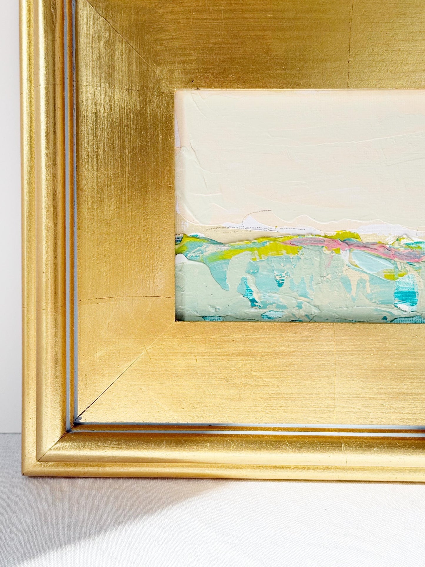 Framed Original Abstract Artwork, Mixed Media Landscape Painting (5”x7”) on Canvas, 8”x10”, Gold Frame, Neutral Wall Art, Pink & Green