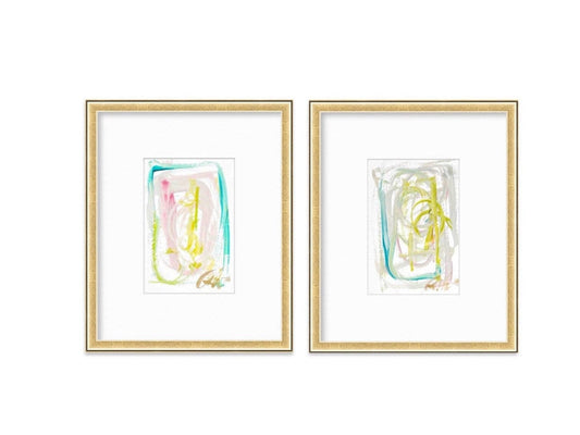 Abstract Watercolor Painting, Set of 2, Mixed Media, 6”x8”, Mat Size 11”x14”, Original Artwork, Green, Pink, Abstract Artwork