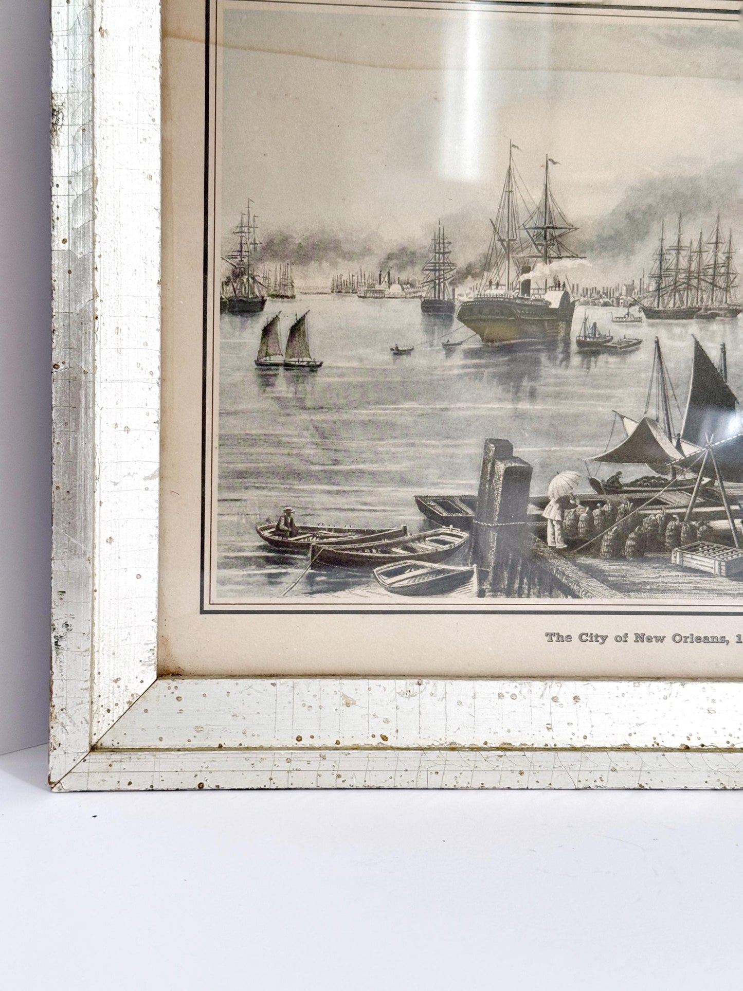Vintage Framed New Orleans Landscape Print. Silver and Gold-leafed frame measures 8x10.