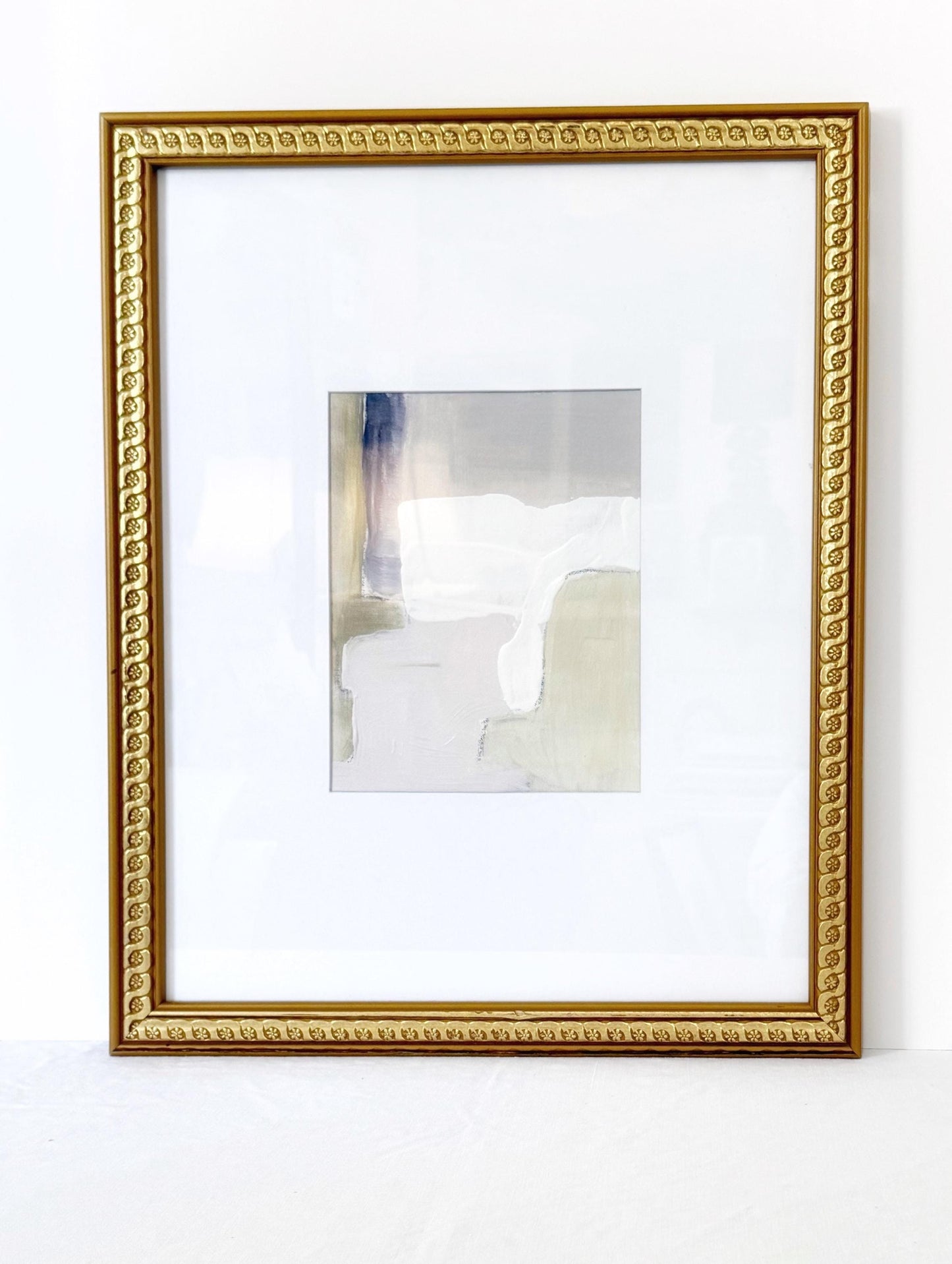 Original Abstract Mixed Media Painting on Canvas, Framed in Vintage Gold Leaf Frame, Neutral Artwork, Lavender, Taupe, Pastel