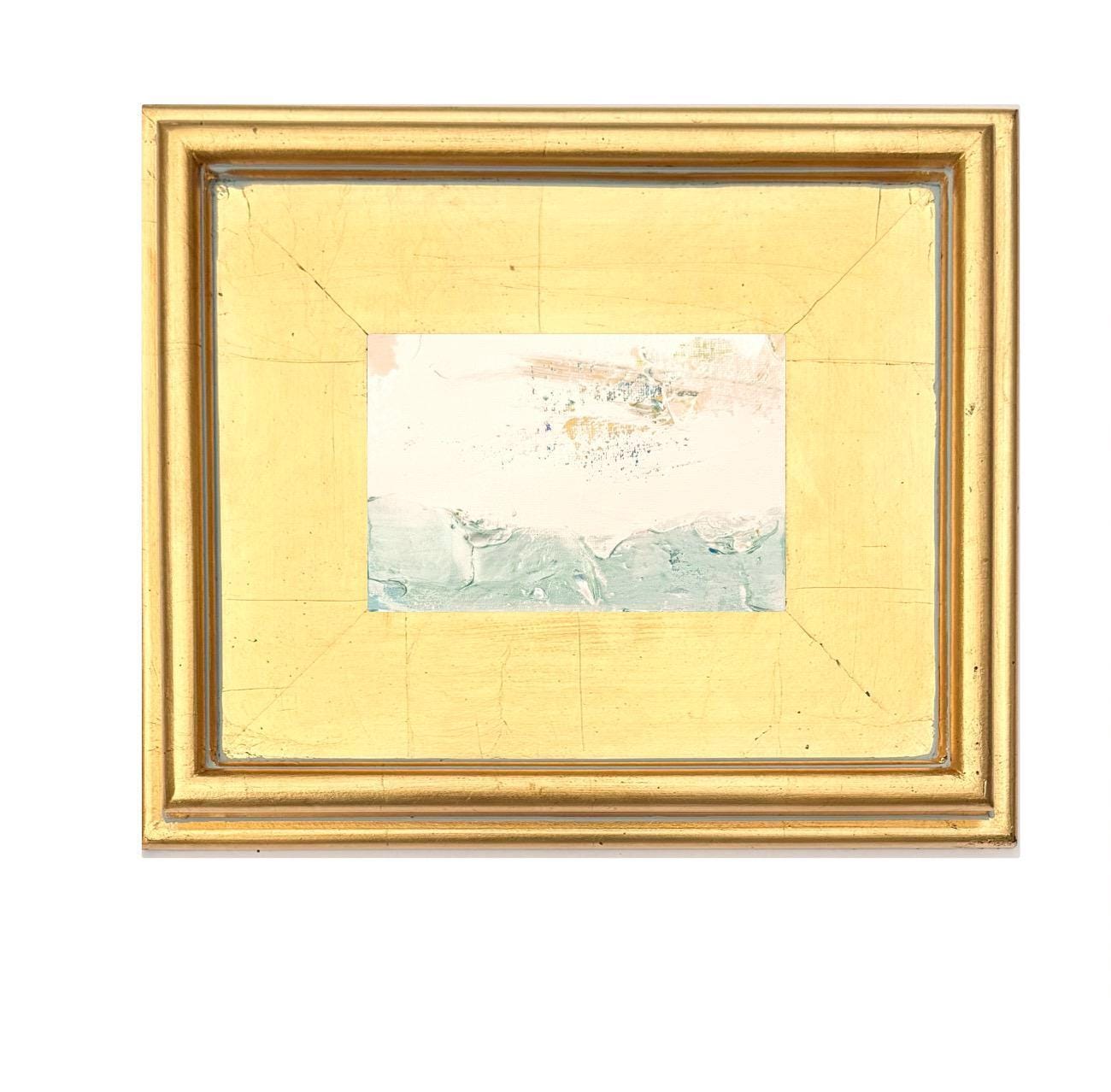 Framed Original Abstract Artwork, Mixed Media Landscape Painting (4”x6”) on Canvas, 8”x10”, Gold Frame, Neutral Wall Art, Pink & Green
