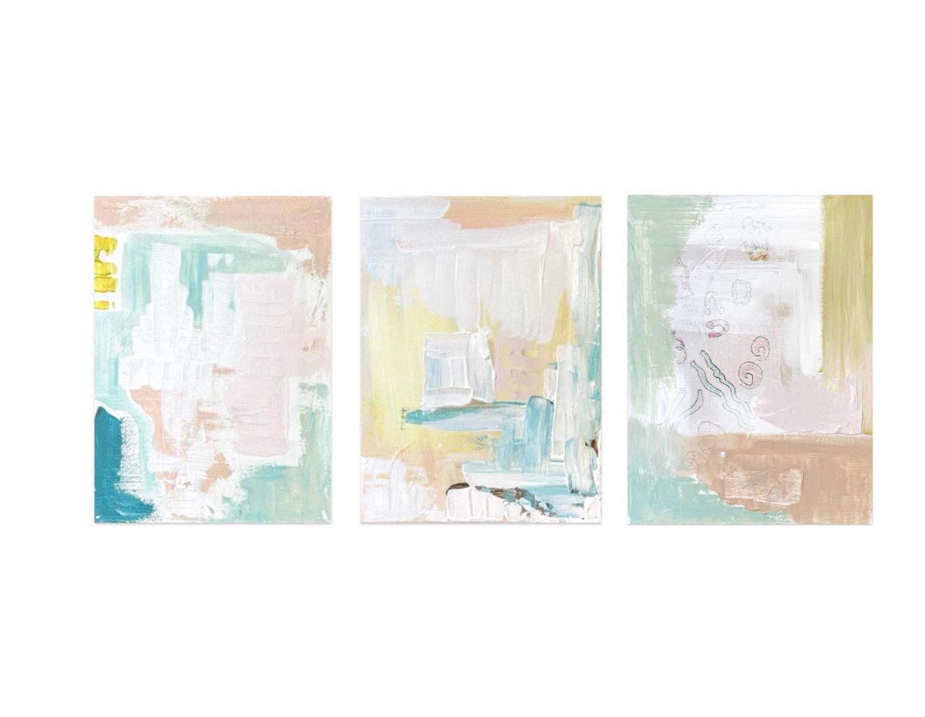 Original Abstract Mixed Media Paintings on Canvas, Pair of 12”x18”, Green & Pink Painting, Abstract Art, Pastel Artwork