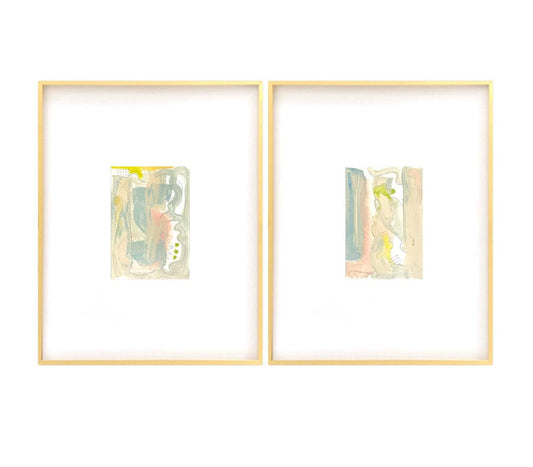 Abstract Watercolor Painting, Set of 2, 5x7, White Mat, Original Artwork, Yellow, Grey, White, Pastel Artwork, Neutral Art, Landscape