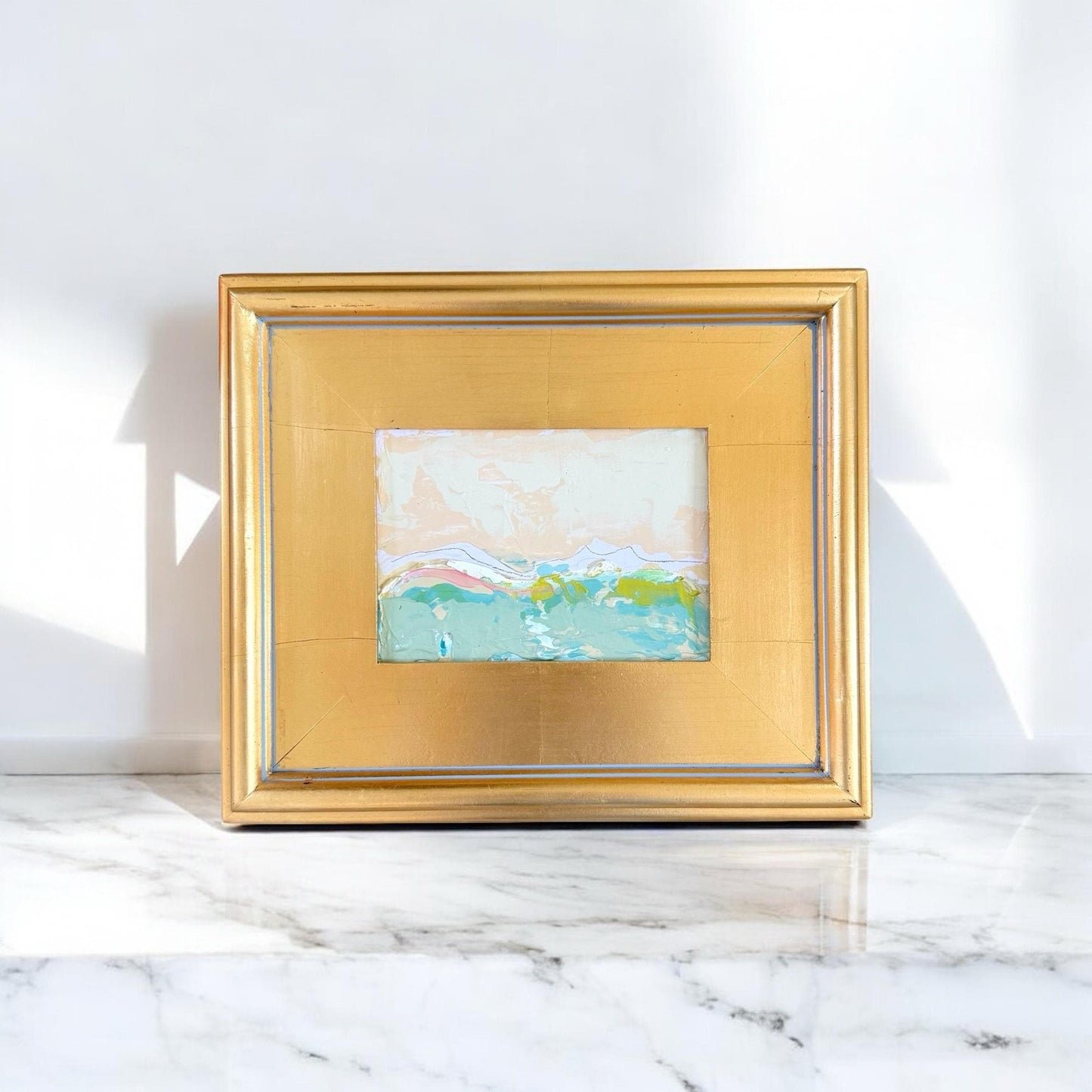 Framed Original Abstract Artwork, Mixed Media Landscape Painting (4”x6”) on Canvas, 8”x10”, Gold Frame, Neutral Wall Art, Pink & Green