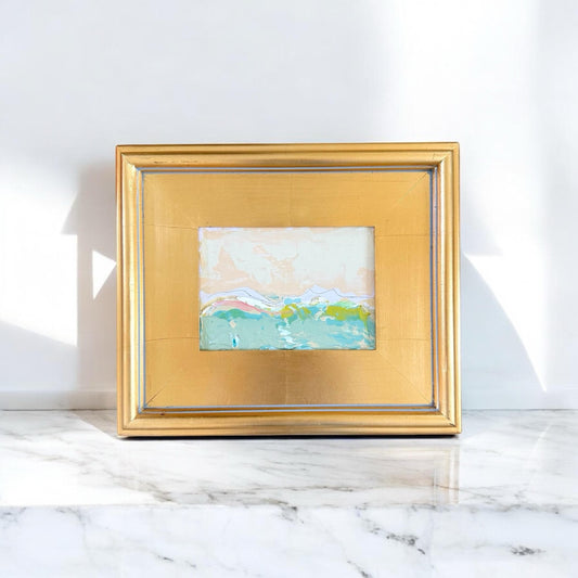 Framed Original Abstract Artwork, Mixed Media Landscape Painting (4”x6”) on Canvas, 8”x10”, Gold Frame, Neutral Wall Art, Pink & Green