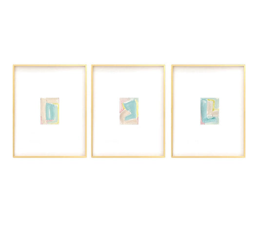 Original Abstract Watercolor Painting, Mixed Media, Set of 3, 4”x6” in White Mat, Original Artwork, White, Neutral, Abstract Artwork