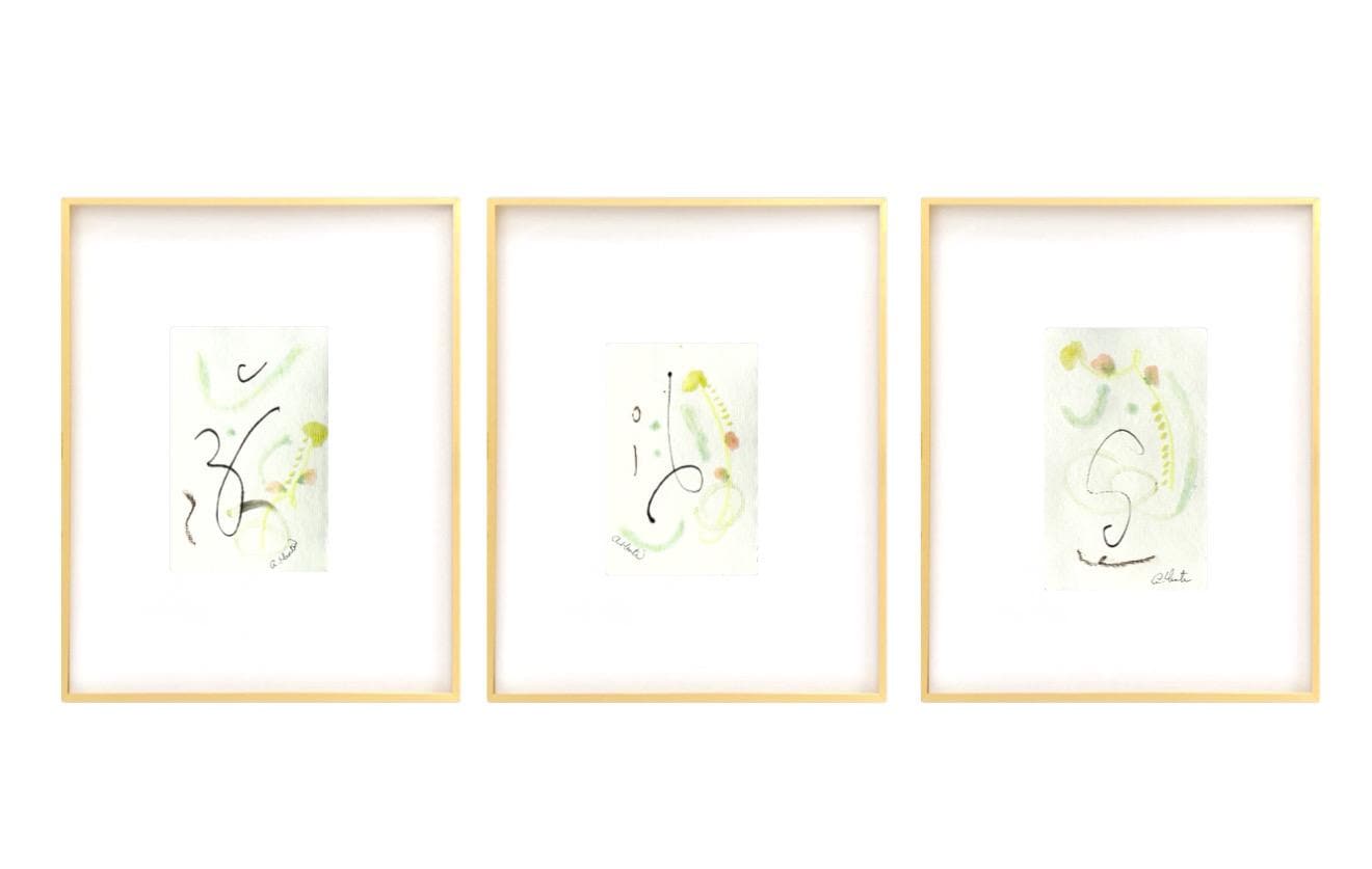Abstract Watercolor Painting, Set of 3, 5"x7”, White Mat 11”x14”, Abstract Wall Art, Original Watercolor Painting, Pink, Green, Pastel