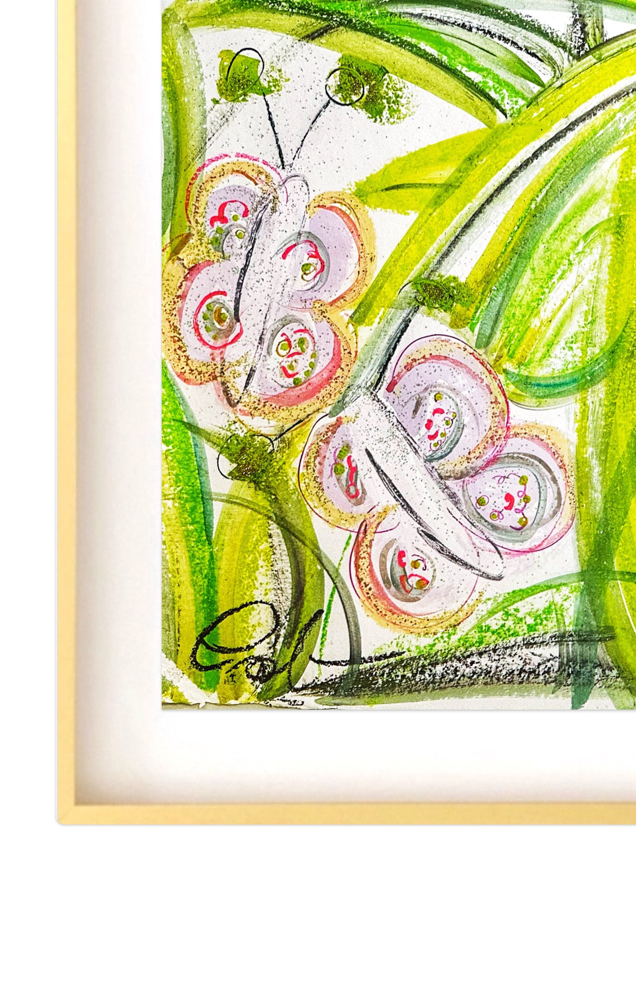 Large Original Abstract Mixed Media Painting on Paper, 18x24, Garden Theme, Butterflies, Green, Pink