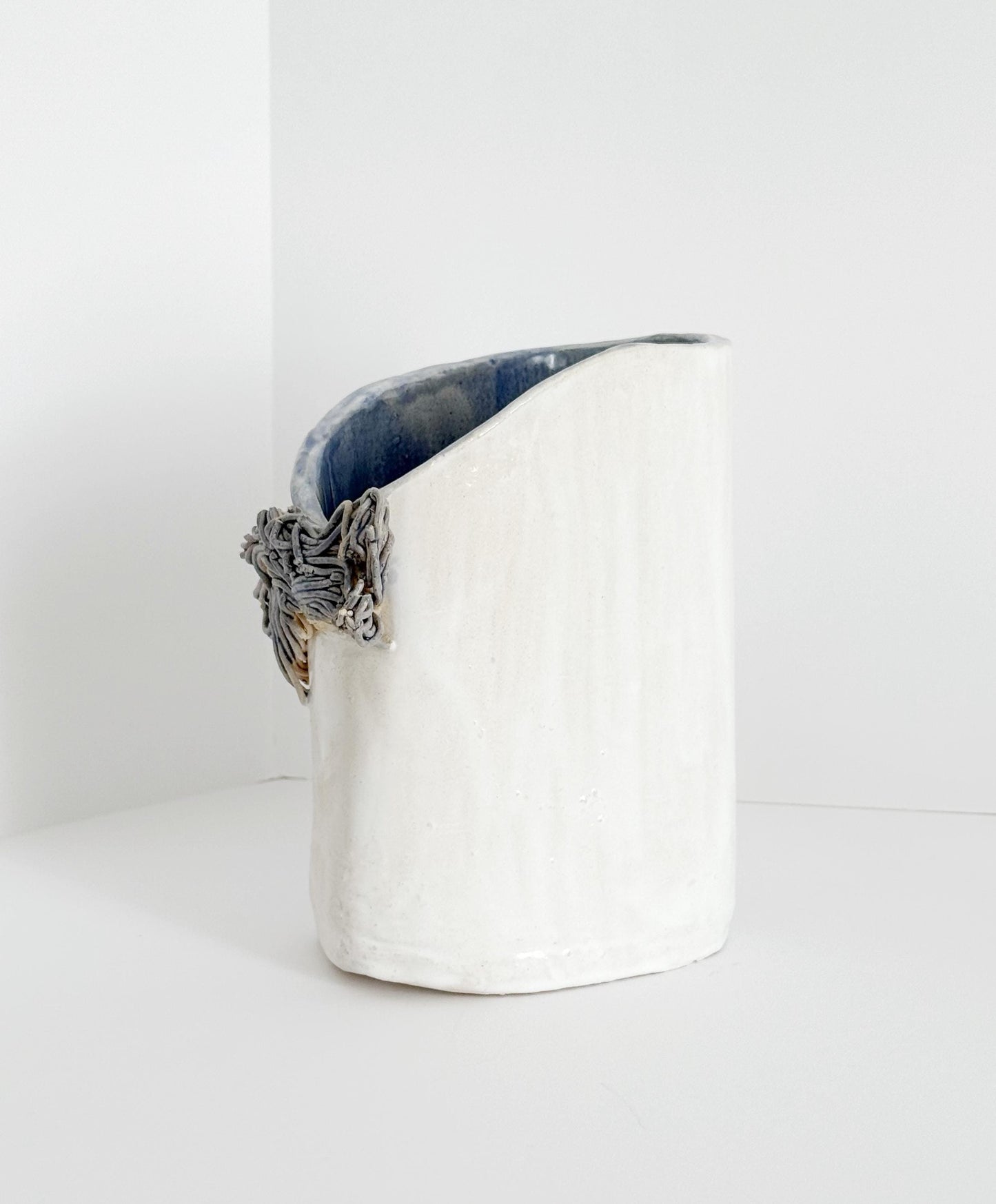 Handmade Clay Vase with Ribbon Fringe Detail, Blue & White, Signed, Abstract Clay Art, Kitchen Crock, Abstract Cay Vase